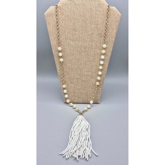 Boho Statement Necklace White Tassel AB Wash Beads Gold Tone Chain Asymmetrical - Picture 7 of 7